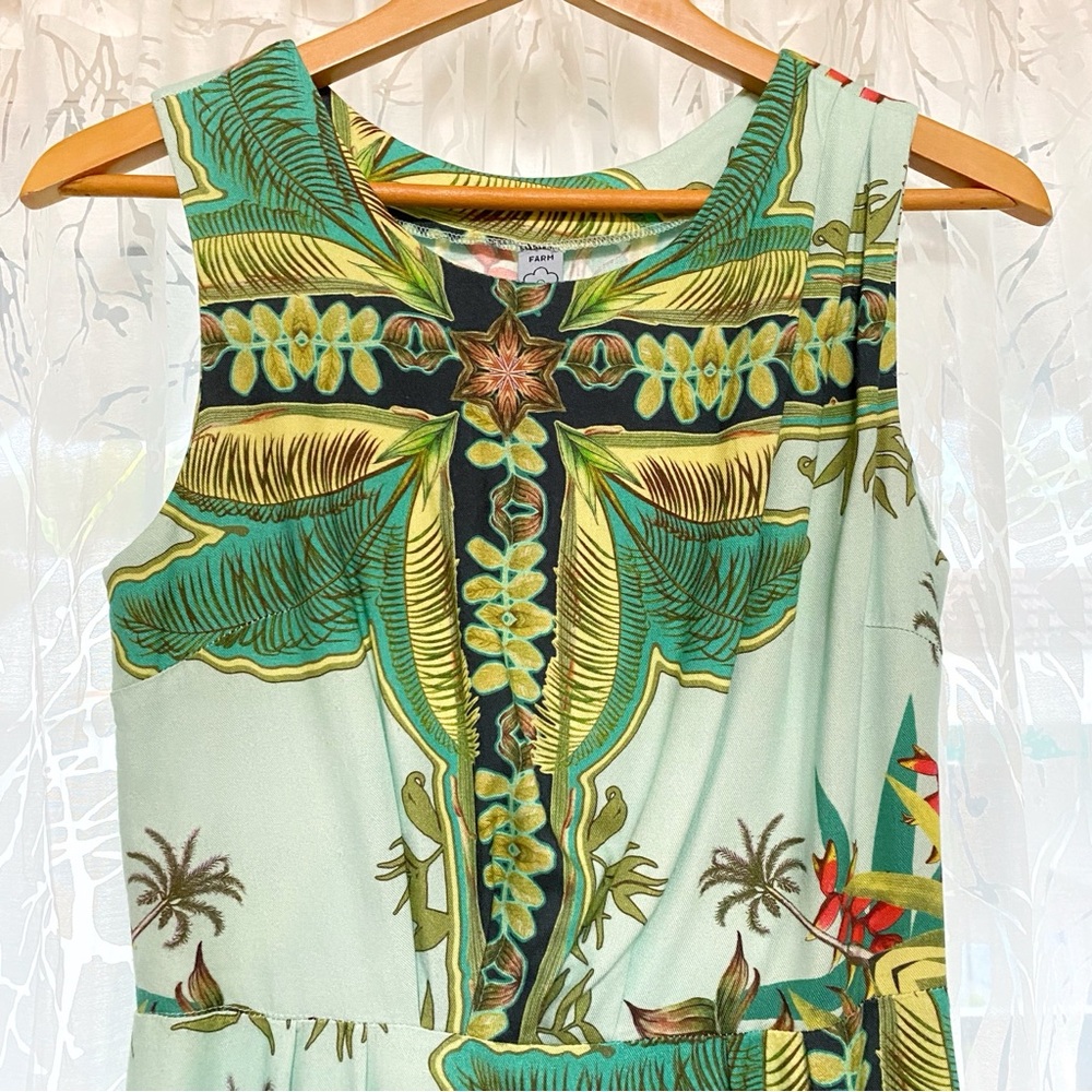 FARM RIO green black Tropical Palm floral Print Sleeveless Mini Dress - Picture 2 of 8